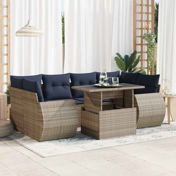 vidaXL 7-tlg. Garten-Sofagarnitur mit Kissen Grau Poly Rattan Akazie