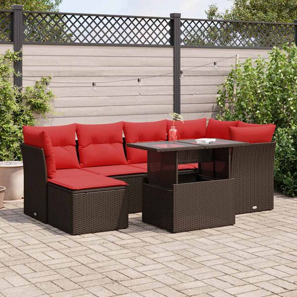 vidaXL 7-tlg. Garten-Sofagarnitur mit Kissen Braun Poly Rattan Akazie