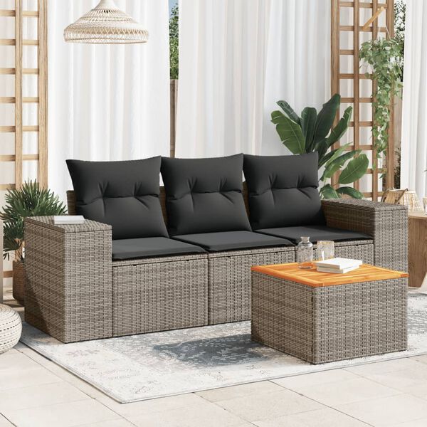 vidaXL 4-tlg. Garten-Sofagarnitur mit Kissen Grau Poly Rattan