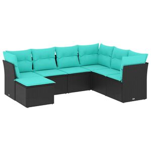 vidaXL 7-tlg. Garten-Sofagarnitur mit Kissen Schwarz Poly Rattan