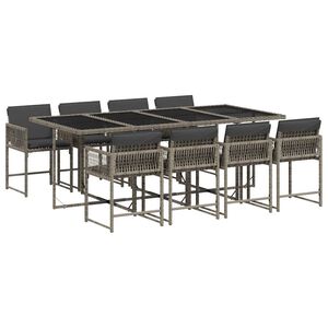 vidaXL 9-tlg. Garten-Essgruppe mit Kissen Grau Poly Rattan