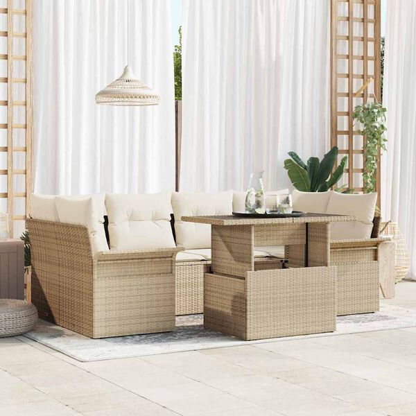 vidaXL Gartensofa-set mit Kissen mit Speicher 7 pcs Beige Poly Rattan