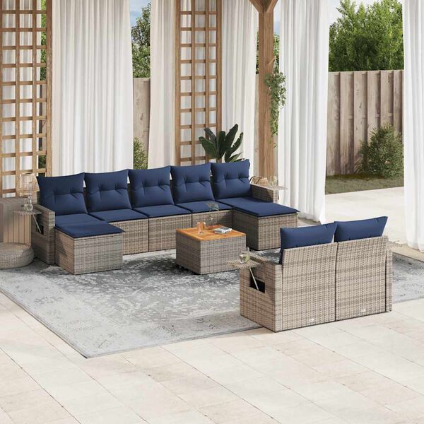 vidaXL 10-teiliges Gartensofa-Set mit Kissen, grau, Polyrattan
