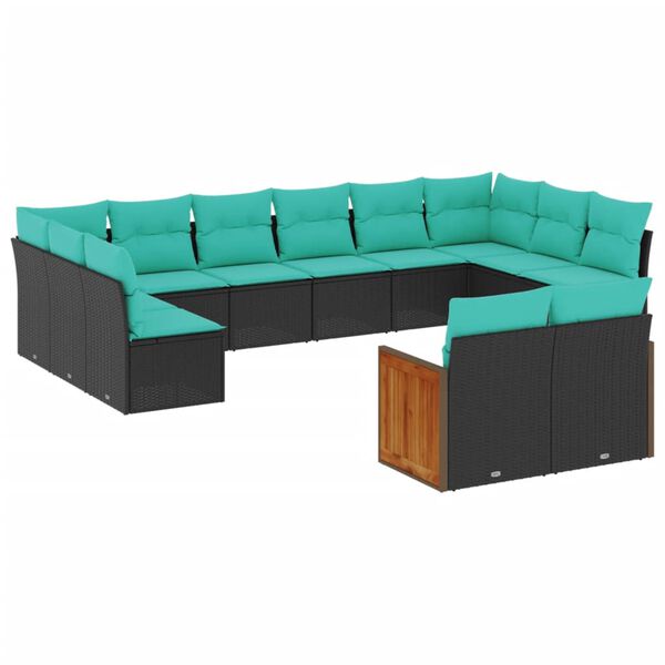 vidaXL 12-teiliges Gartensofa-Set mit Kissen, schwarzes Polyrattan