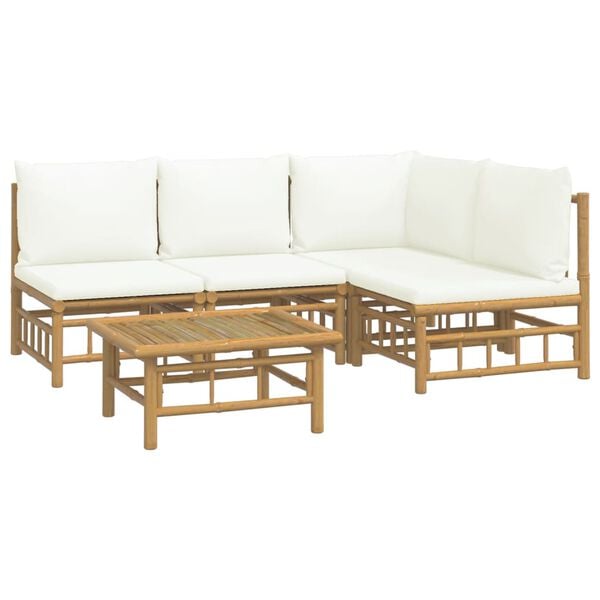 vidaXL 5-tlg. Garten-Lounge-Set mit Cremeweißen Kissen Bambus