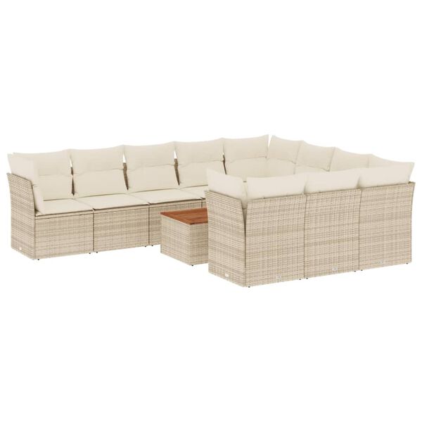 vidaXL 11-tlg. Garten-Sofagarnitur mit Kissen Beige Poly Rattan
