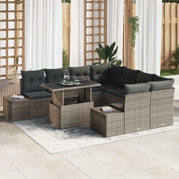 vidaXL Garten-Sofa-Set mit Kissen mit Speicher mit Kissen 9 pcs Grau
