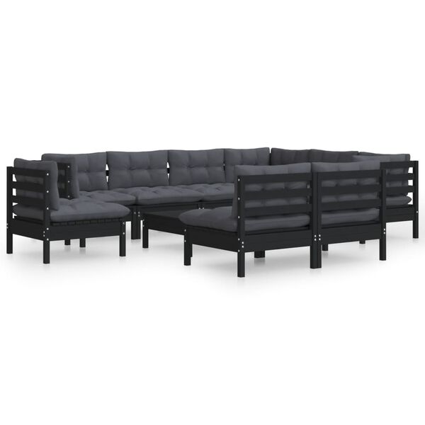 vidaXL 10-tlg. Garten-Lounge-Set mit Kissen Schwarz Massivholz Kiefer