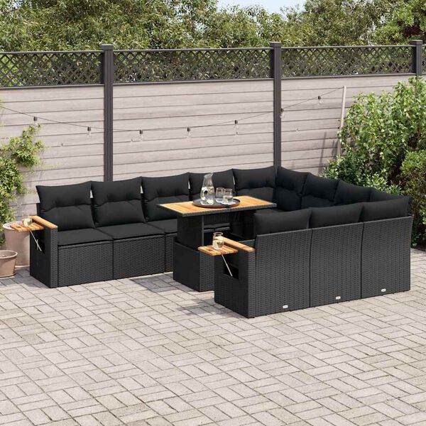 vidaXL 11-tlg. Garten-Sofagarnitur mit Kissen Schwarz Poly Rattan