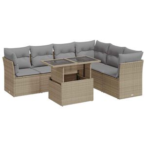 vidaXL 7-tlg. Garten-Sofagarnitur mit Kissen Beige Poly Rattan