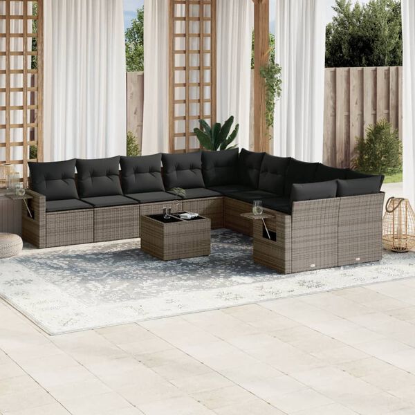 vidaXL 11-tlg. Garten-Sofagarnitur mit Kissen Grau Poly Rattan