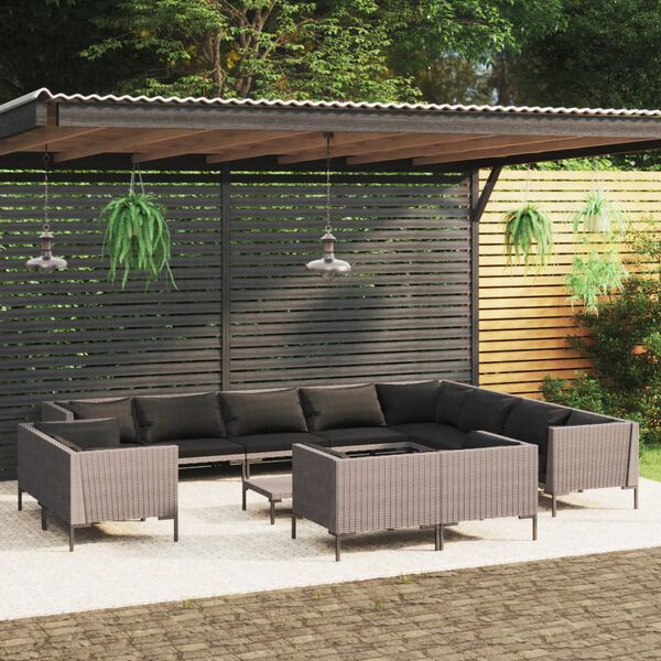 vidaXL 13-tlg. Garten-Lounge-Set mit Kissen Poly Rattan Dunkelgrau