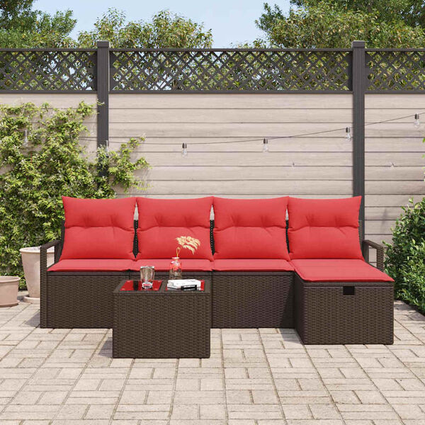 vidaXL Sofa Set mit Kissen 6 pcs Braun und Rot Poly-Rattan