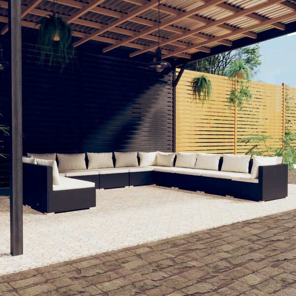 vidaXL 11-tlg. Garten-Lounge-Set mit Kissen Schwarz Poly Rattan