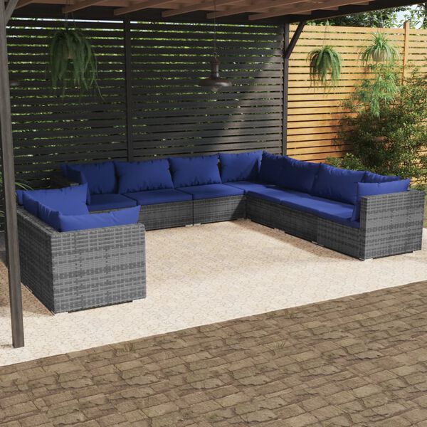 vidaXL 9-tlg. Garten-Lounge-Set mit Kissen Grau Poly Rattan