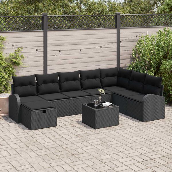 vidaXL Sofa Set mit Kissen mit Speicher 9 pcs Schwarz Poly-Rattan