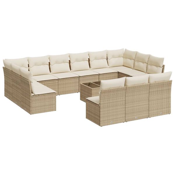 vidaXL 14-tlg. Garten-Sofagarnitur mit Kissen Beige Poly Rattan