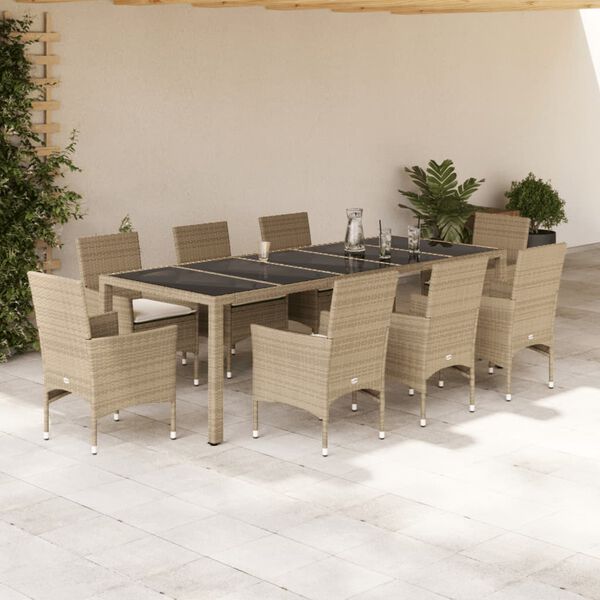 vidaXL 9-tlg. Garten-Essgruppe mit Kissen Beige Poly Rattan Glas