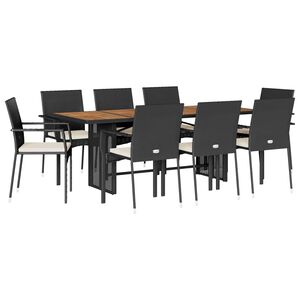 vidaXL 9-tlg. Garten-Essgruppe mit Kissen Schwarz Poly Rattan