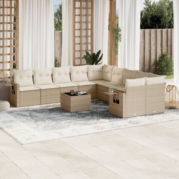 vidaXL 11-tlg. Garten-Sofagarnitur mit Kissen Beige Poly Rattan