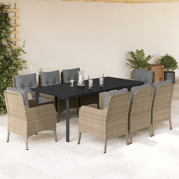 vidaXL 9-tlg. Garten-Essgruppe mit Kissen Beige Poly Rattan