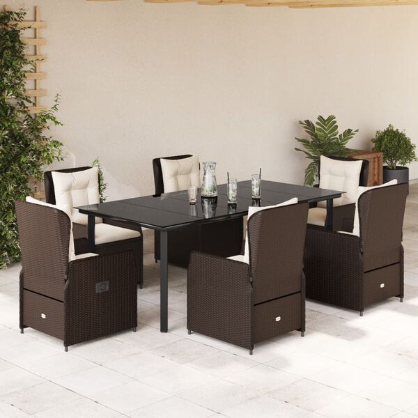 vidaXL 7-tlg. Garten-Essgruppe mit Kissen Braun Poly Rattan