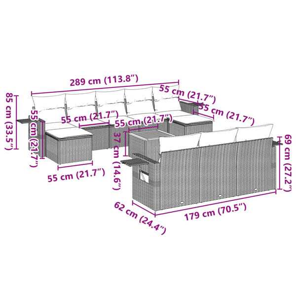 vidaXL 11-tlg. Garten-Sofagarnitur mit Kissen Schwarz Poly Rattan