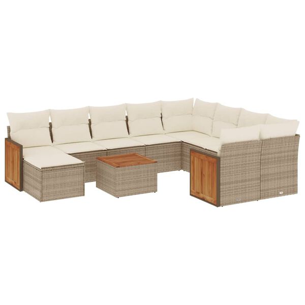vidaXL 11-tlg. Garten-Sofagarnitur mit Kissen Beige Poly Rattan