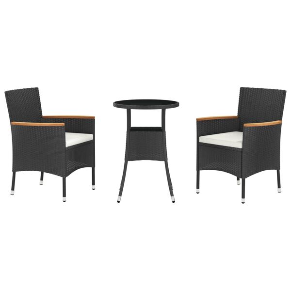 vidaXL 3-tlg. Garten-Bistro-Set mit Kissen Schwarz Poly Rattan
