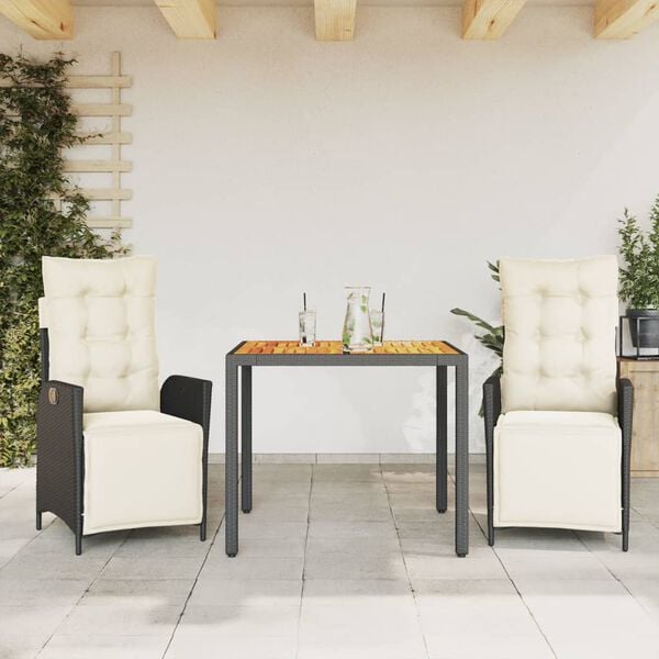 vidaXL 3-tlg. Garten-Essgruppe mit Kissen Schwarz Poly Rattan