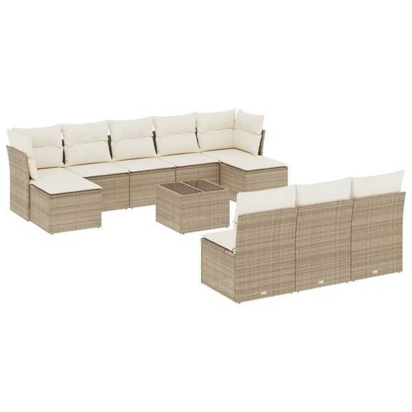 vidaXL 11-tlg. Garten-Sofagarnitur mit Kissen Beige Poly Rattan