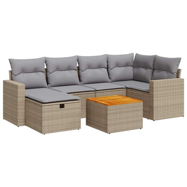 vidaXL 7-tlg. Garten-Sofagarnitur mit Kissen Beige Poly Rattan