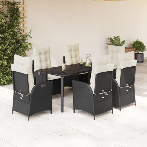 vidaXL 7-tlg. Garten-Essgruppe mit Kissen Schwarz Poly Rattan