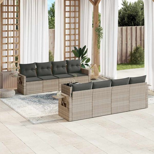 vidaXL 9-tlg. Garten-Sofagarnitur mit Kissen Hellgrau Poly Rattan