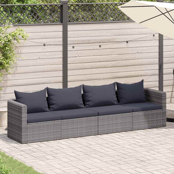 vidaXL 4-tlg. Garten-Sofagarnitur mit Kissen Grau Poly Rattan