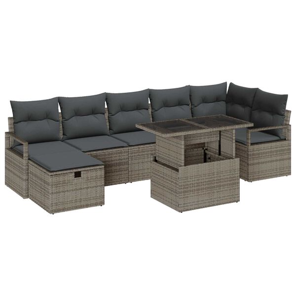 vidaXL Garten-Sofa-Set mit Kissen mit Speicher 8 pcs Grau Poly Rattan