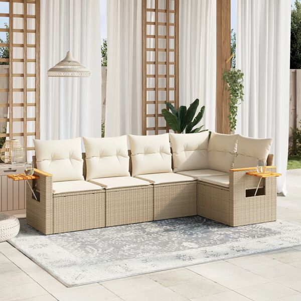 vidaXL 5-tlg. Garten-Sofagarnitur mit Kissen Beige Poly Rattan