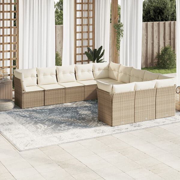 vidaXL 11-tlg. Garten-Sofagarnitur mit Kissen Beige Poly Rattan