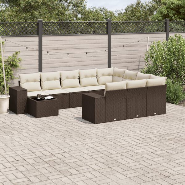 vidaXL 11-tlg. Garten-Sofagarnitur mit Kissen Braun Poly Rattan