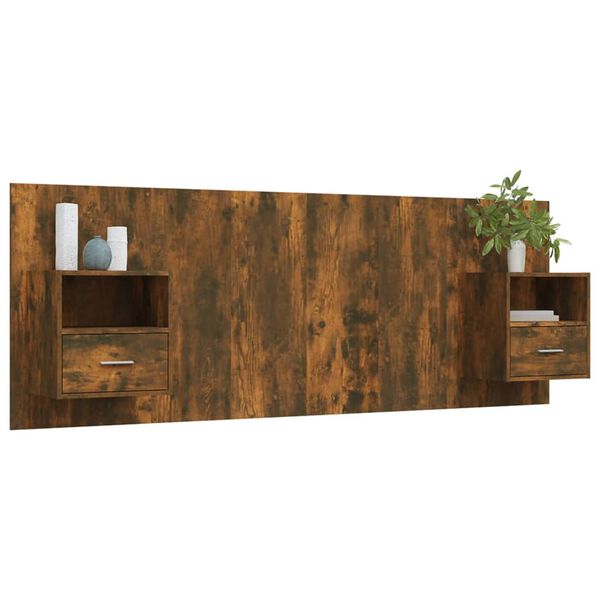 vidaXL Kopfteil mit Nachttischen Räuchereiche Holzwerkstoff