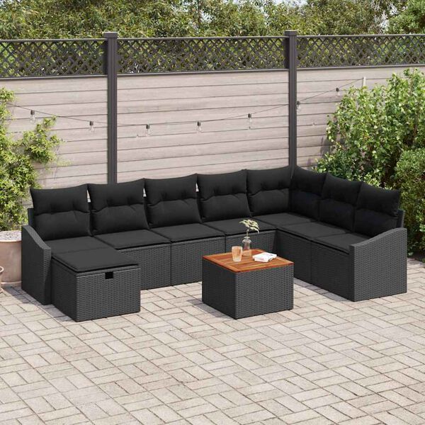 vidaXL Garten-Sofa-Set mit Kissen 9 pcs Schwarz Poly Rattan
