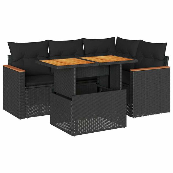 vidaXL 5tlg. Garten-Sofagarnitur mit Kissen Schwarz Poly Rattan Akazie