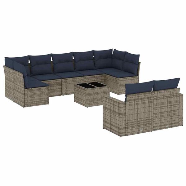 vidaXL 10-tlg. Garten-Sofagarnitur mit Kissen Grau Poly Rattan