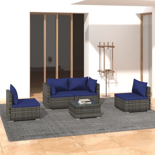 vidaXL 5-tlg. Garten-Lounge-Set mit Kissen Poly Rattan Grau