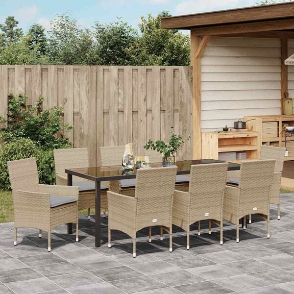 vidaXL Garten Essgruppe mit Kissen 9 pcs Beige Poly-Rattan