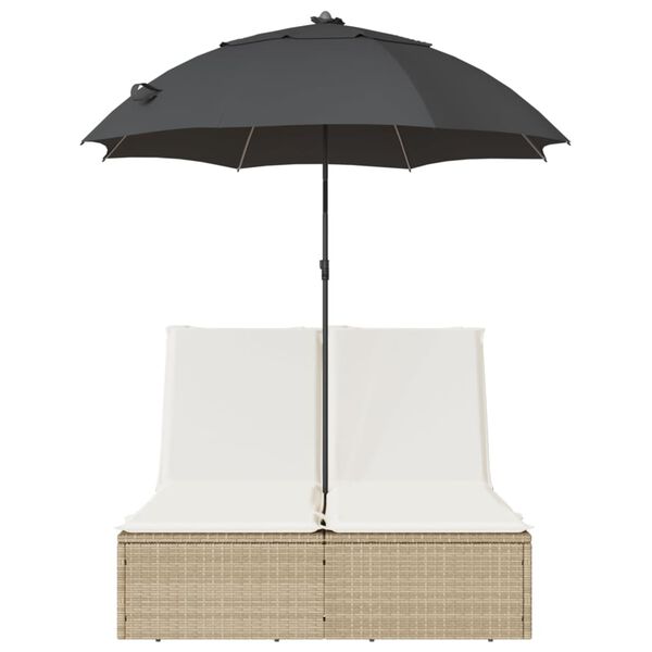 vidaXL Doppel-Sonnenliege mit Kissen & Sonnenschirm Beige Poly Rattan