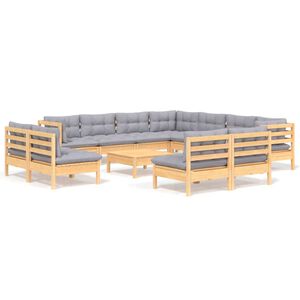 vidaXL 12-tlg. Garten-Lounge-Set mit Grauen Kissen Massivholz Kiefer