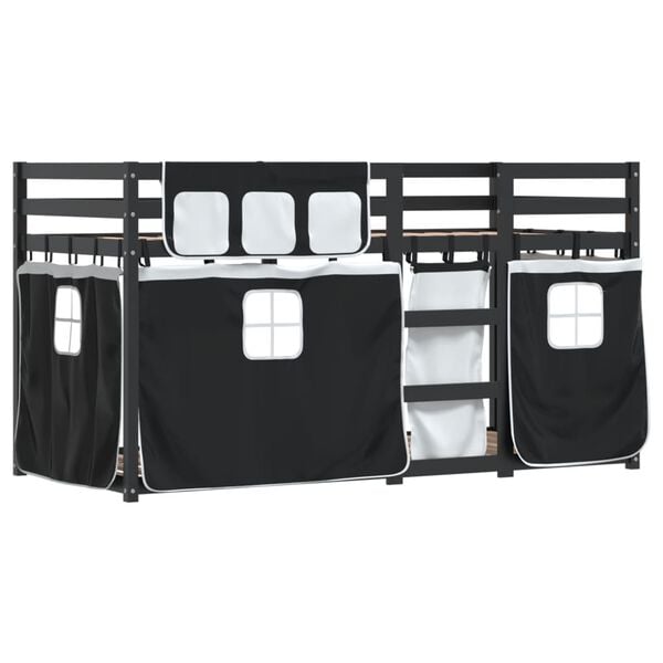 vidaXL Etagenbett mit Vorh&auml;ngen Wei&szlig; Schwarz 90x200 cm Kiefernholz