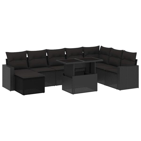vidaXL 9-tlg. Garten-Sofagarnitur mit Kissen Schwarz Poly Rattan