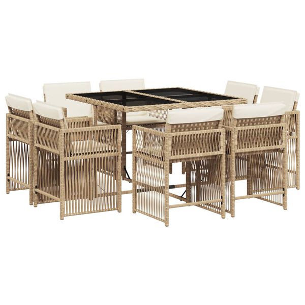 vidaXL 9-tlg. Garten-Essgruppe mit Kissen Beige Poly Rattan